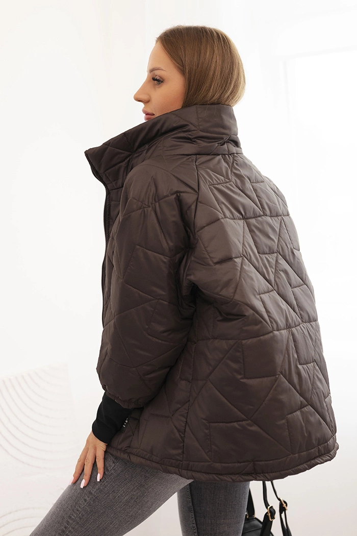 Women's quilted jacket with a short cut and a stand-up collar brown-2