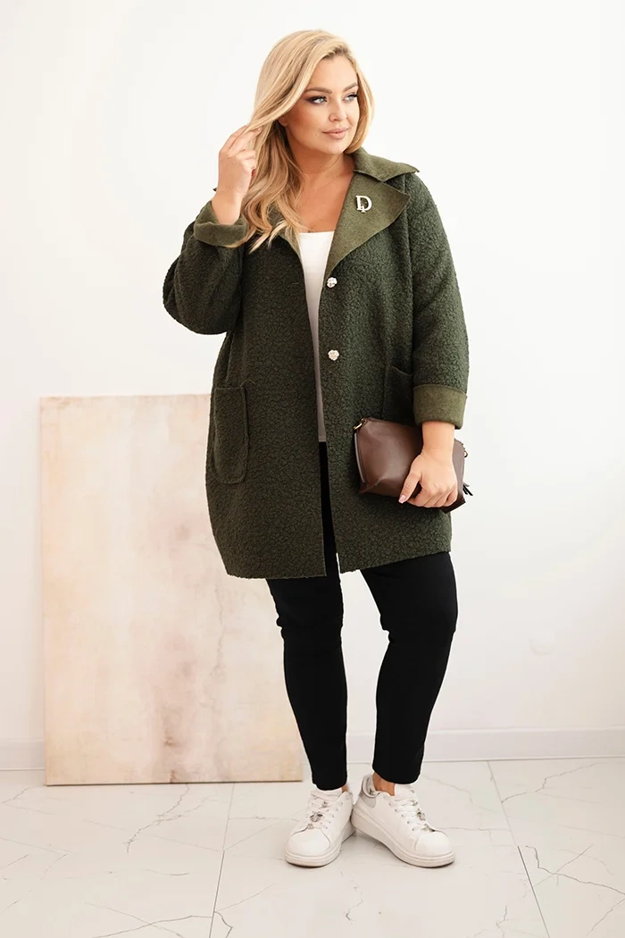 Plus Size women's coat with wool and pockets shearling khaki-2
