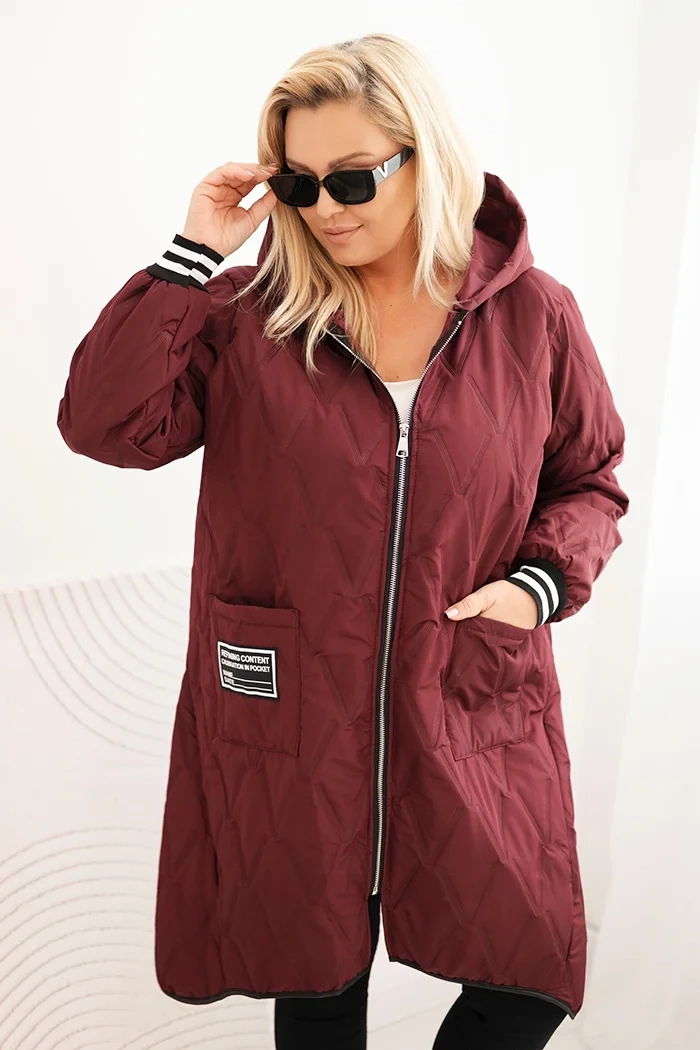 Стилно дамско яке в плюс размер с качулка и спортни маншети – Сливов – 35027