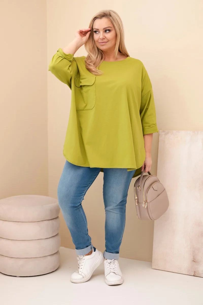 Women's Plus Size blouse with cotton, featuring a pocket and rolled sleeves olive green-2