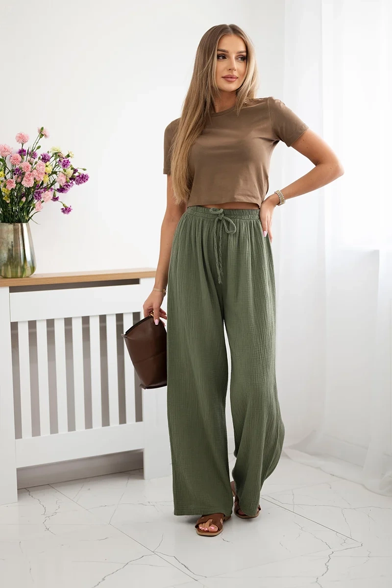Muslin pants with a wide leg khaki-2