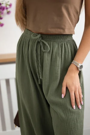 Памучни панталони с широки крачоли – Хаки – 31188