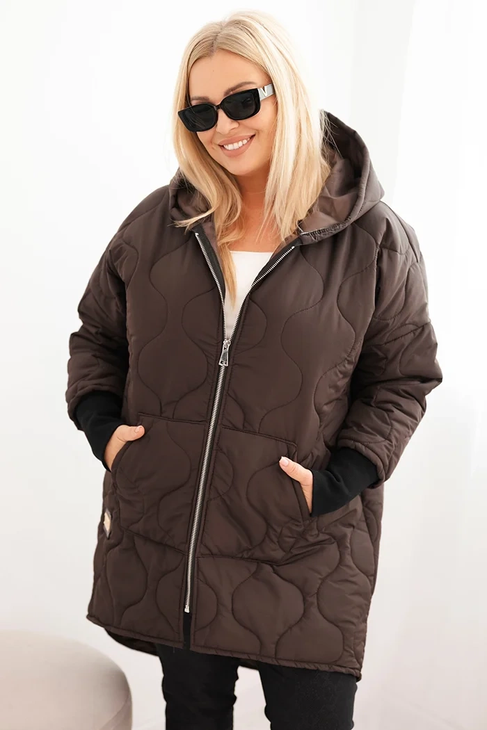 Шикозна дамска зимна яке с качулка в плюс размер – Кафяв – 35651