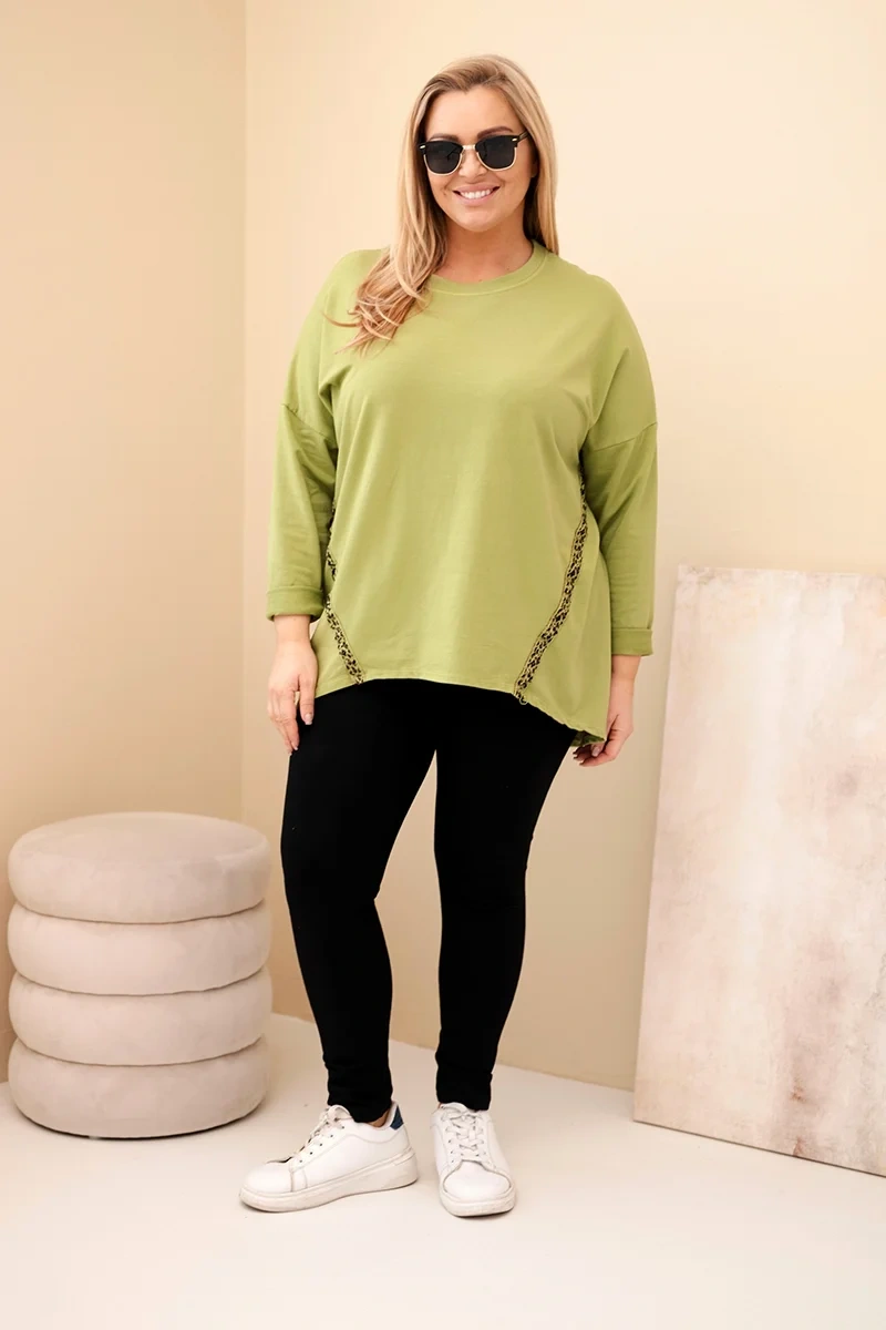 Women's Plus Size cotton blouse with rolled-up sleeves and leopard print trim olive-2