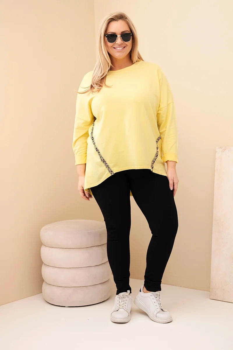 Plus Size women's cotton blouse with rolled sleeves and leopard print trim yellow-2