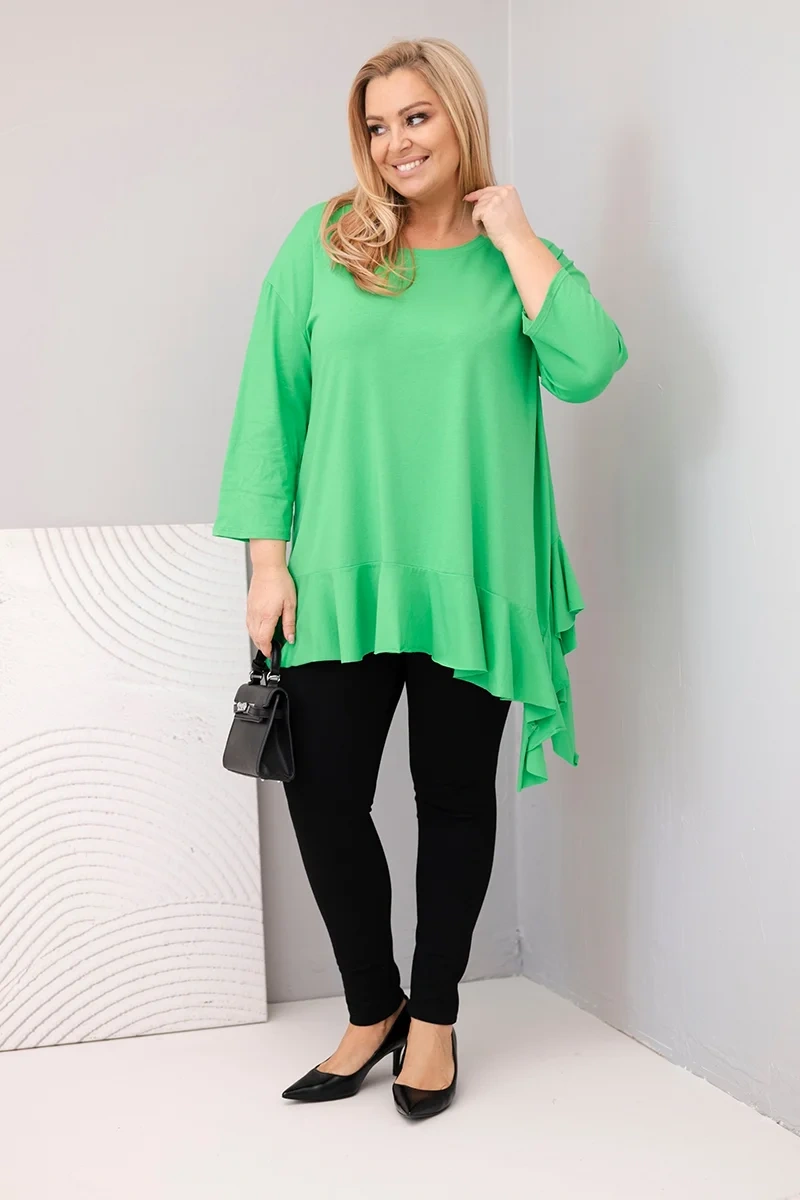 Plus Size women's blouse with cotton, featuring ruffles and rolled sleeves light green-2
