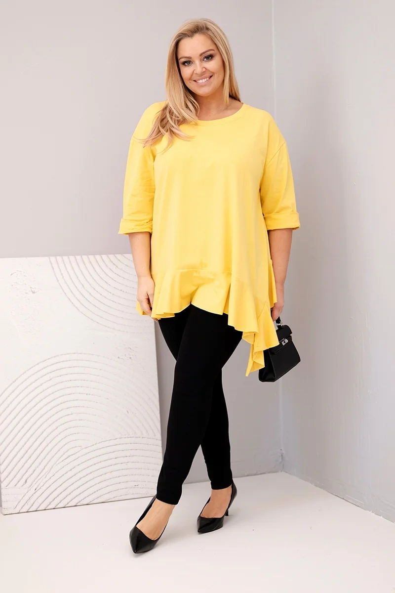 Women's Plus Size blouse with cotton, featuring ruffles and rolled-up sleeves yellow-2