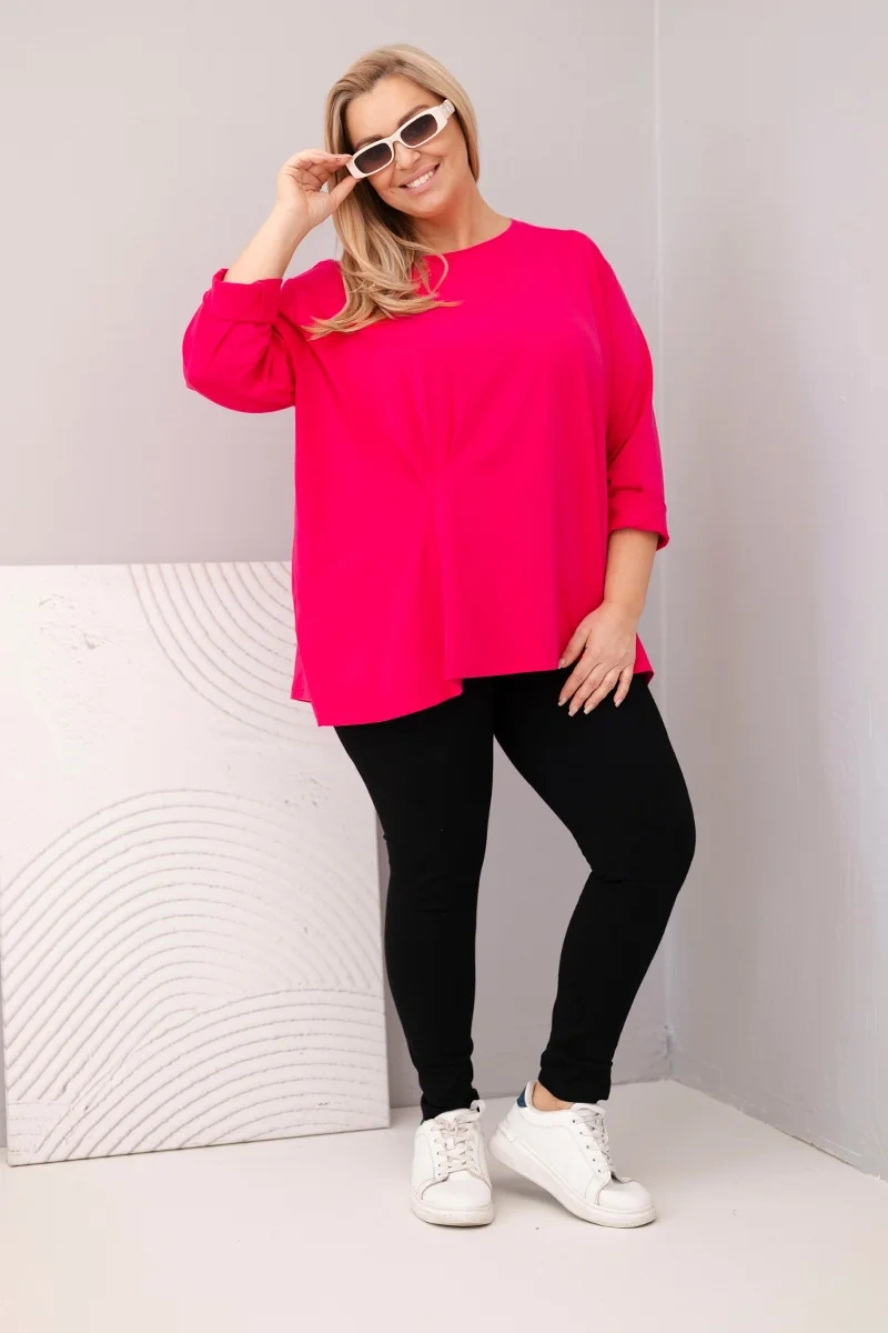 Plus size women's blouse with cotton, long sleeves and ruching fuchsia-2