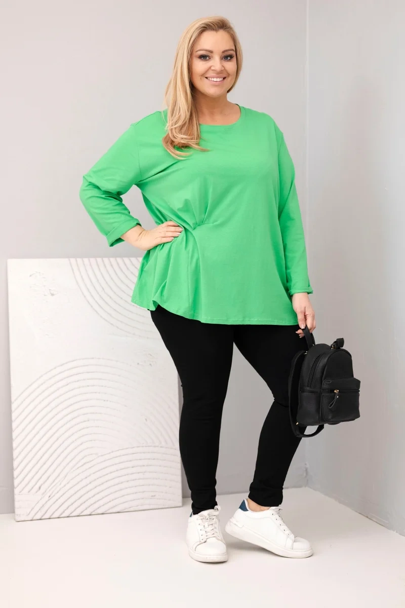 Plus size women's blouse with cotton, long sleeves and ruching light green-2