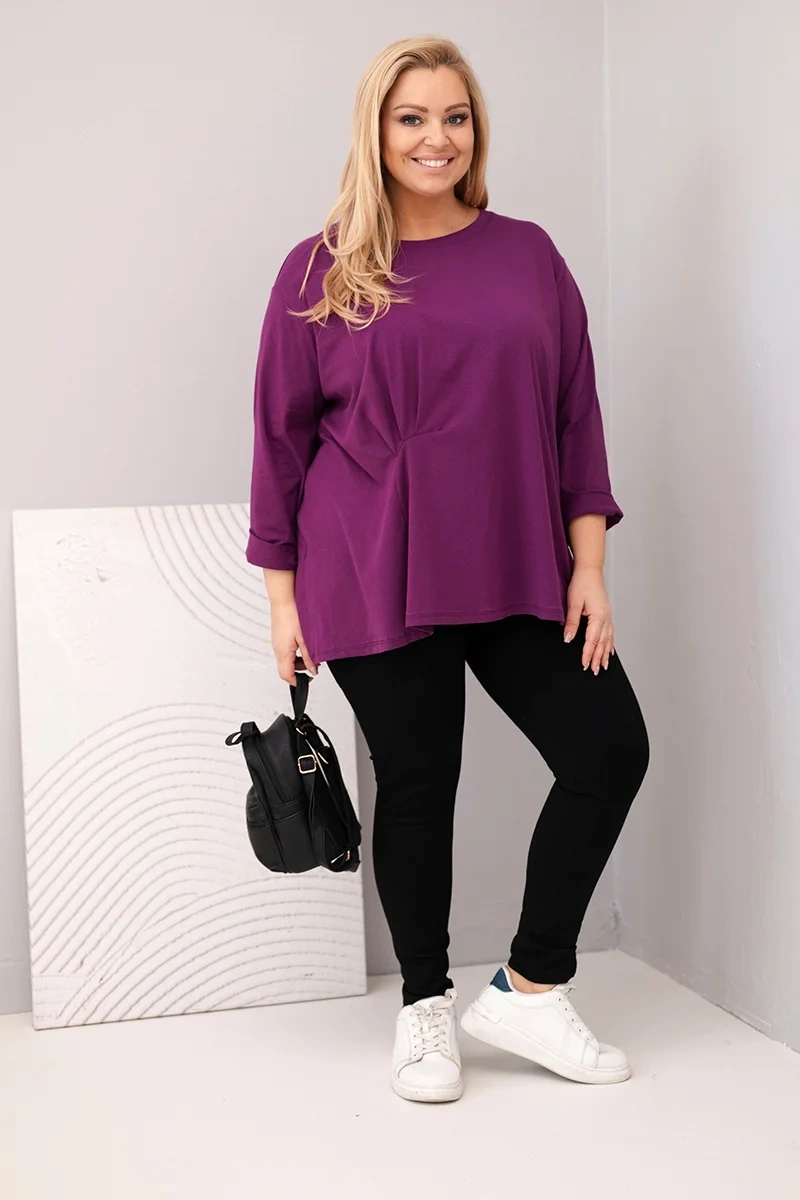 Plus size women's blouse with cotton, long sleeves and gathering, dark purple-2