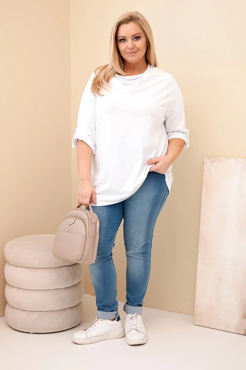Women's Plus Size loose-fit cotton blouse with a water neckline white-2
