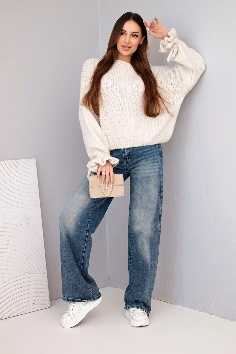 Women's sweater with mohair blend, thick weave and decorative sleeves beige-2