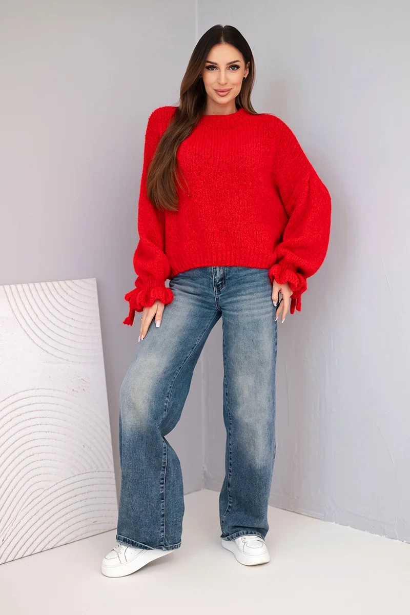 Women's sweater with mohair blend, thick knit and decorative sleeves red-2
