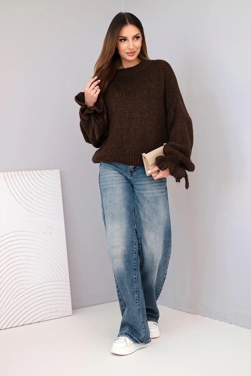 Women's sweater with mohair blend, thick knit and decorative sleeves brown-2