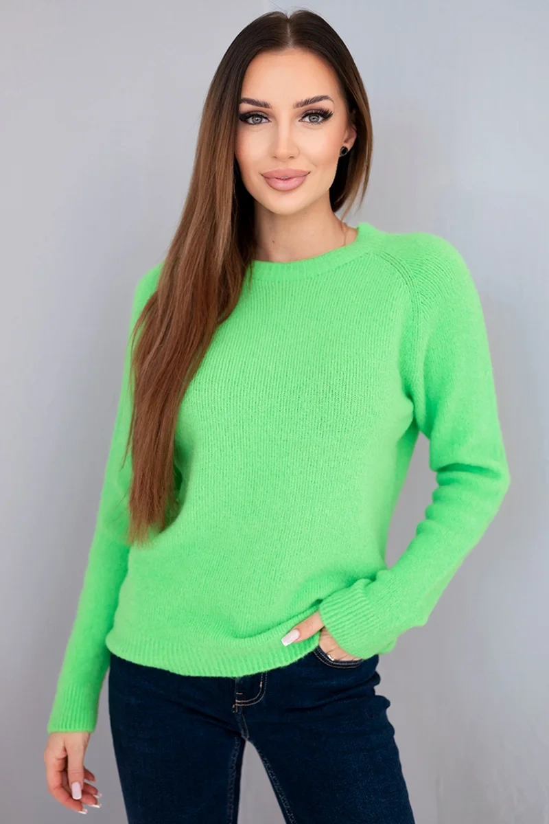 Екстравагантен дамски пуловер от бебешка алпака с дълги ръкави – Неоново зелен – 37306