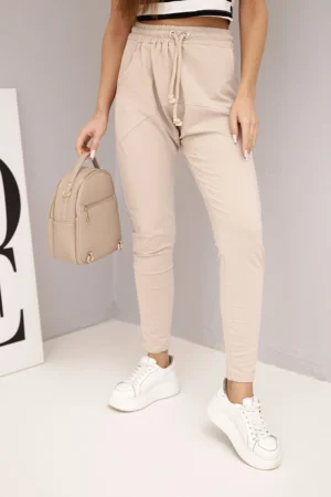 Удобен дамски панталон с връзки – Бежов – 37325