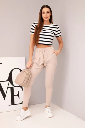 Удобен дамски панталон с връзки – Бежов – 37325