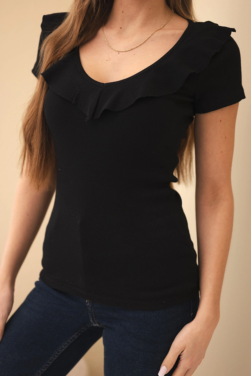 Women's ribbed blouse with a ruffle at the neckline black-2