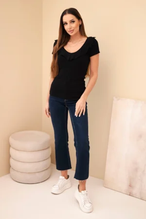 Женска рипсена блуза с волан при деколтето – Черен – 37338