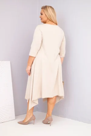 Памучна дамска рокля с асиметричен край – Бежов – 37415