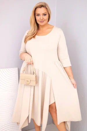 Памучна дамска рокля с асиметричен край – Бежов – 37415