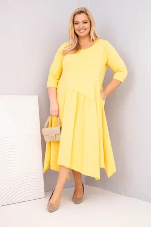 Памучна дамска рокля с асиметричен край – Жълт – 37416