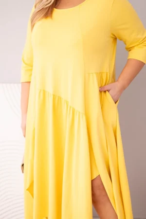 Памучна дамска рокля с асиметричен край – Жълт – 37416