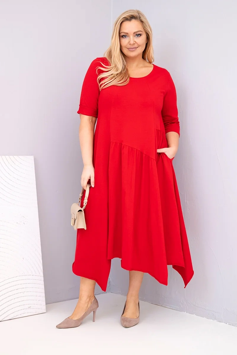Шикозна дамска рокля Plus Size от памук с асиметрична пола – Червен – 37417