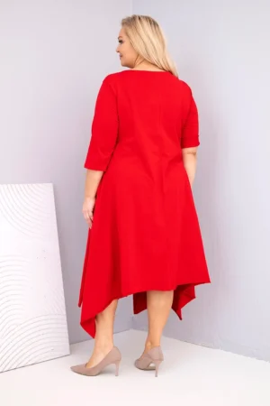 Памучна дамска рокля с асиметричен край – Червен – 37417