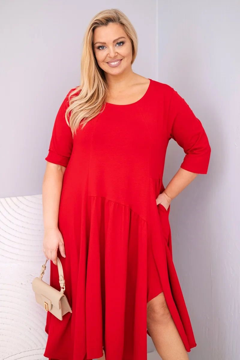 Plus Size women's cotton dress with an asymmetrical hem red-2