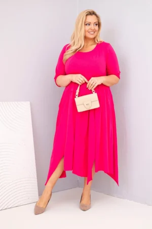 Памучна дамска рокля с асиметричен край – Фуксия – 37419