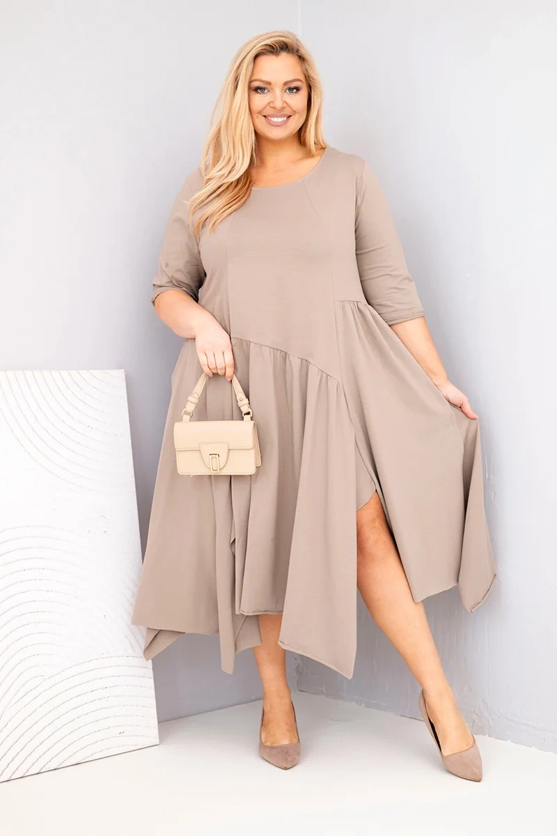 Шикозна дамска рокля Plus Size от памук – Бежов – 37420