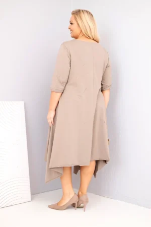 Памучна дамска рокля с асиметричен край – Бежов – 37420