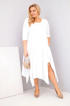 Памучна дамска рокля с асиметричен край – Бял – 37422