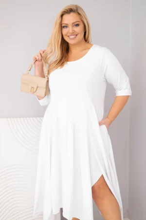 Памучна дамска рокля с асиметричен край – Бял – 37422