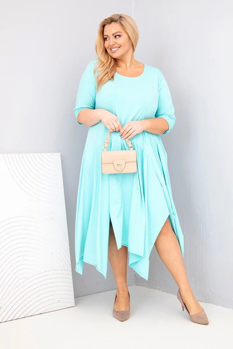 Шикозна памучна рокля за пълни дами с асиметрична пола – Мента – 37426