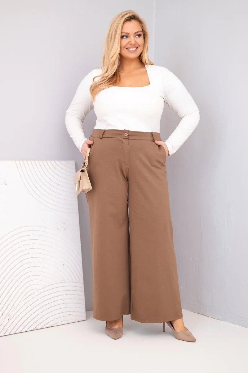 Women's Plus Size pants with wide legs and high waist light camel-2