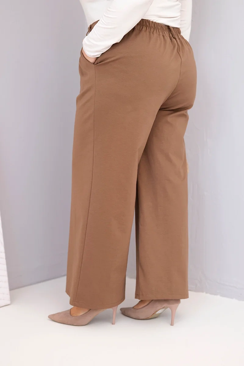 Women’s Plus Size pants with wide legs and high waist light camel-3