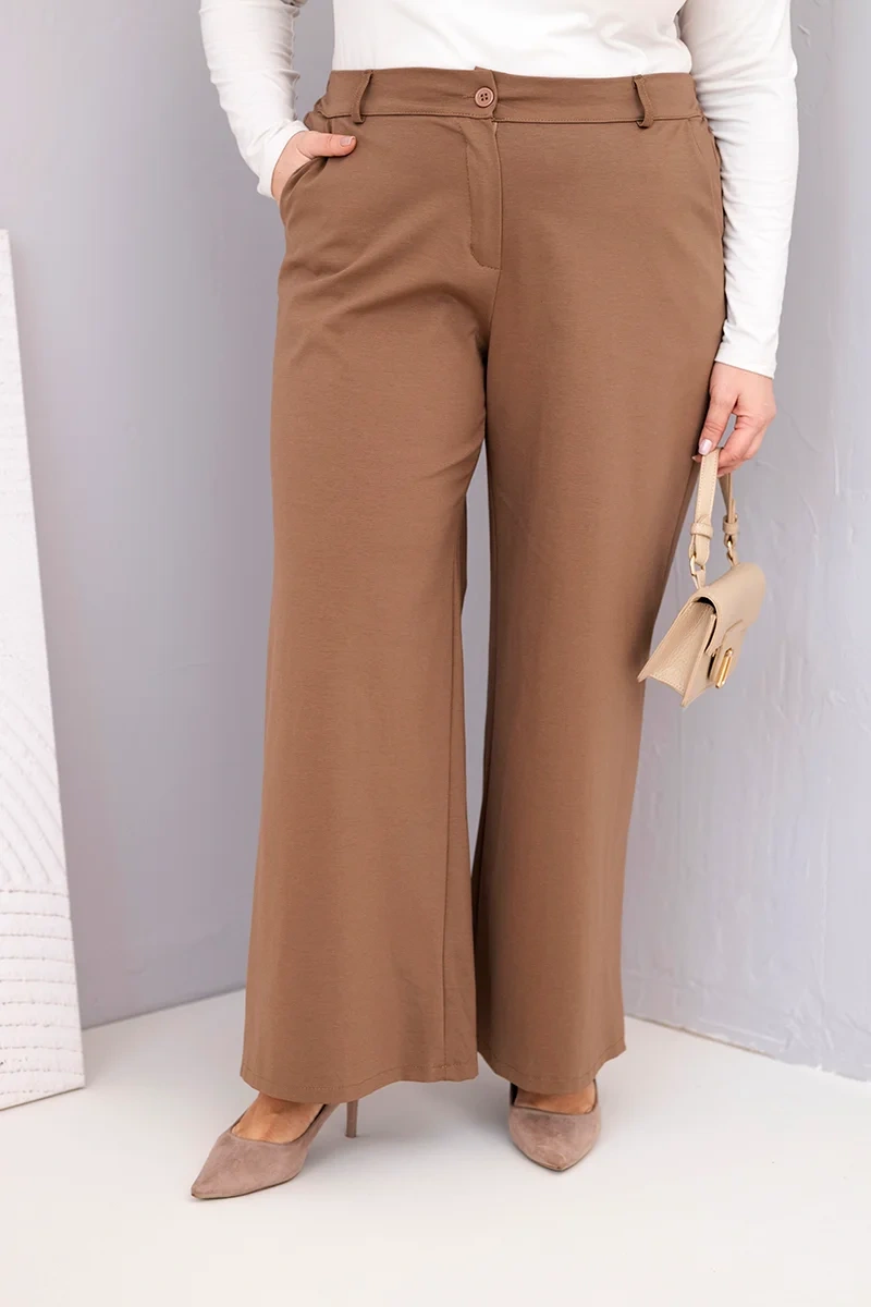 Стилна дамска панталона с широки крачоли и висока талия – Бежов – 37619