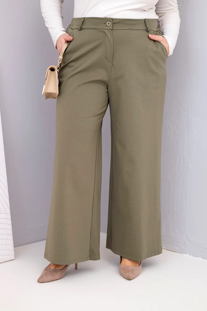 Шикозни панталони с широки крачоли в плюс размер – Хаки – 37623