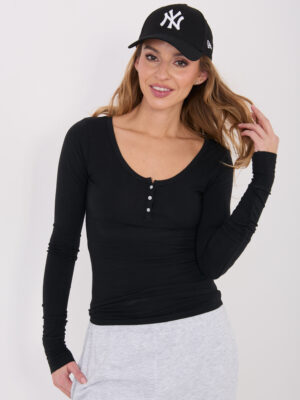 Стилна блуза с дълги ръкави и копчета – Черен – 80845