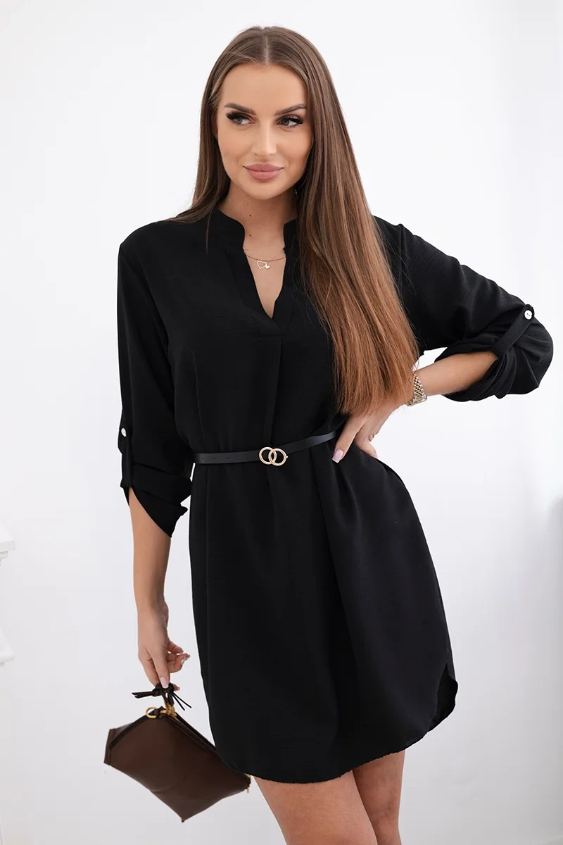 Елегантна рокля с по-дълга задна част и колан – Черен – 28018