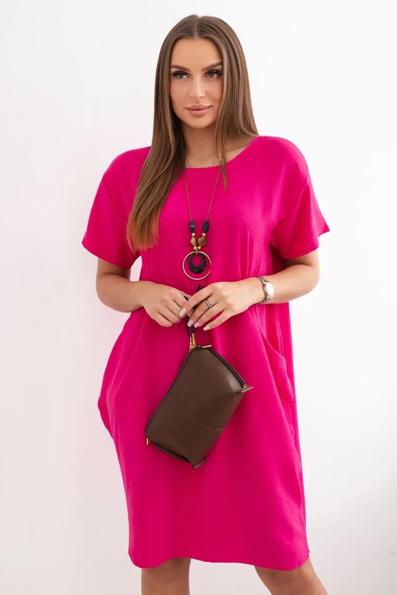 Шикозна рокля с джобове и медальон – Розов – 28766