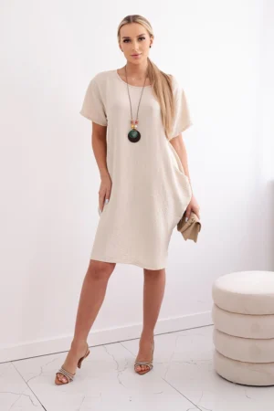 Шикозна рокля с джобове и Подарък медальон – Тъмнобежов – 29293