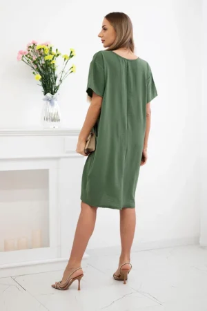 Шикозна рокля с джобове и Подарък медальон – Светло кафяв – 29473