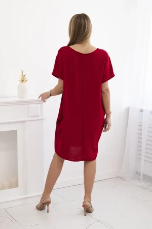 Шикозна рокля с джобове и Подарък медальон – Бордо – 29566