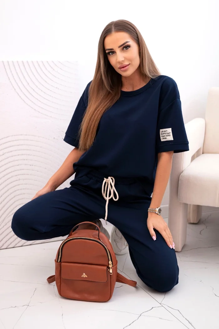 Стилен комплект от вискоза с къси ръкави и панталони – Тъмносин – 32135