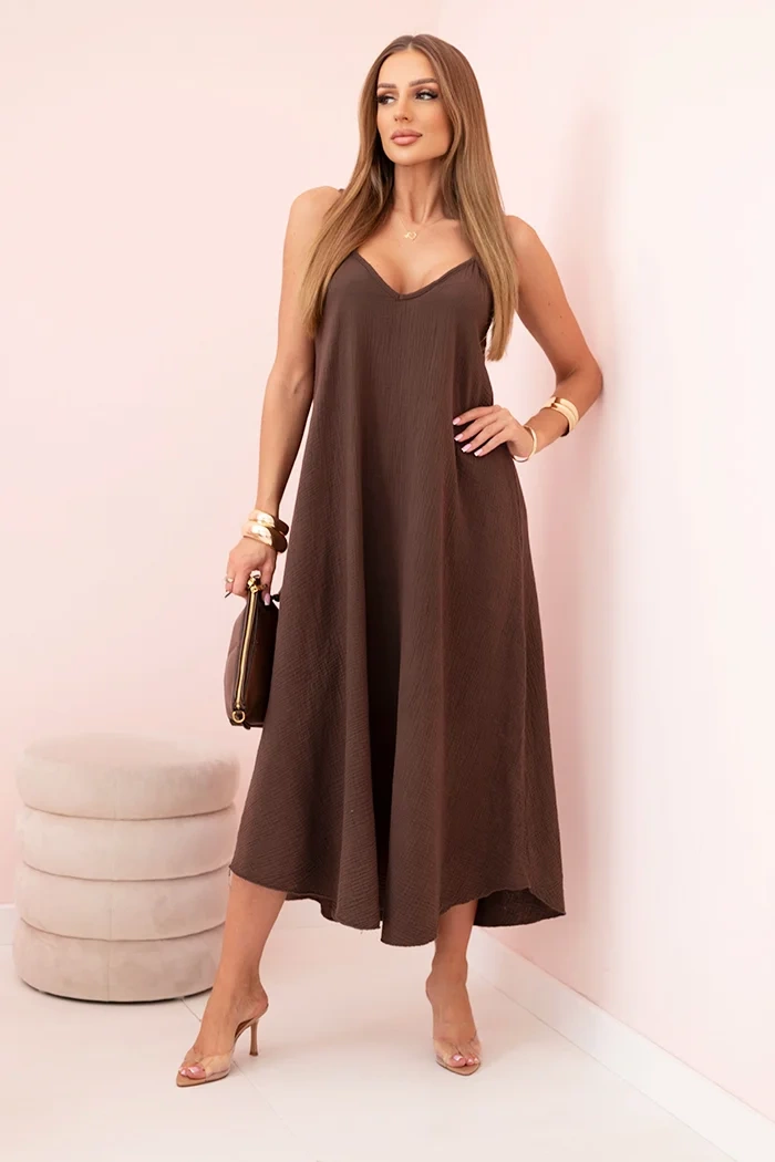 Шикозна рокля от мюслин с презрамки – Кафяв – 33335