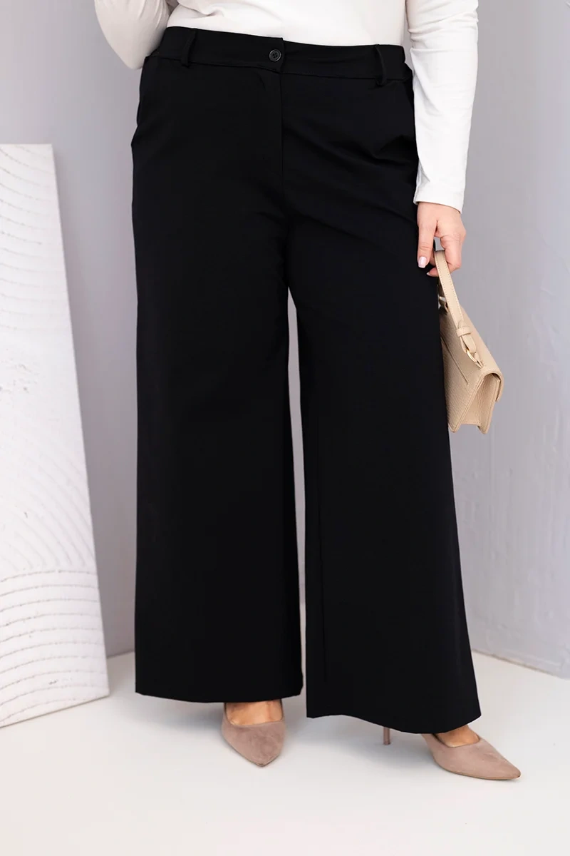Шикозни дамски панталони с широки крачоли и висока талия Plus Size – Черен – 37617