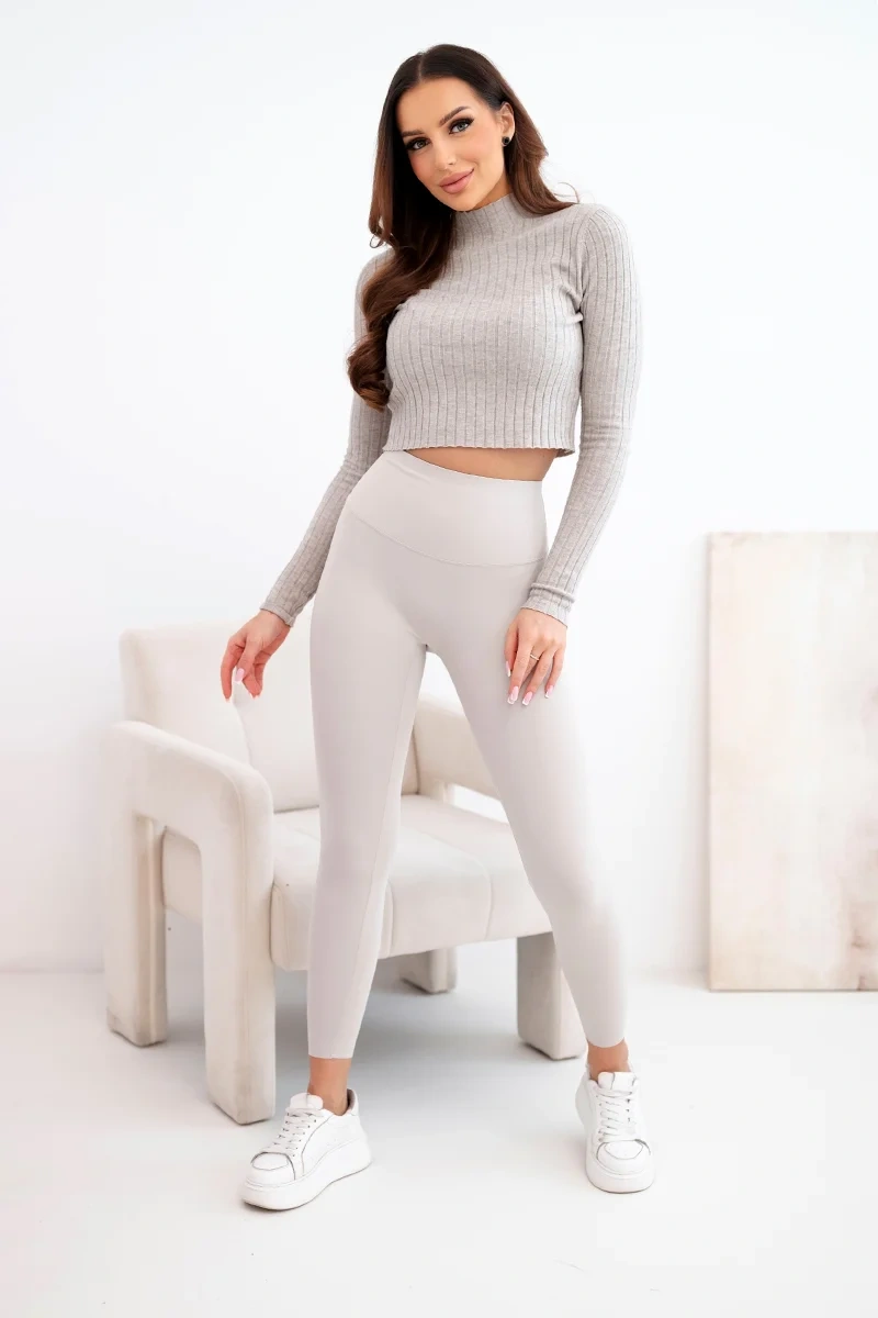 Women's high-waisted leggings with an elastic waistband beige-2